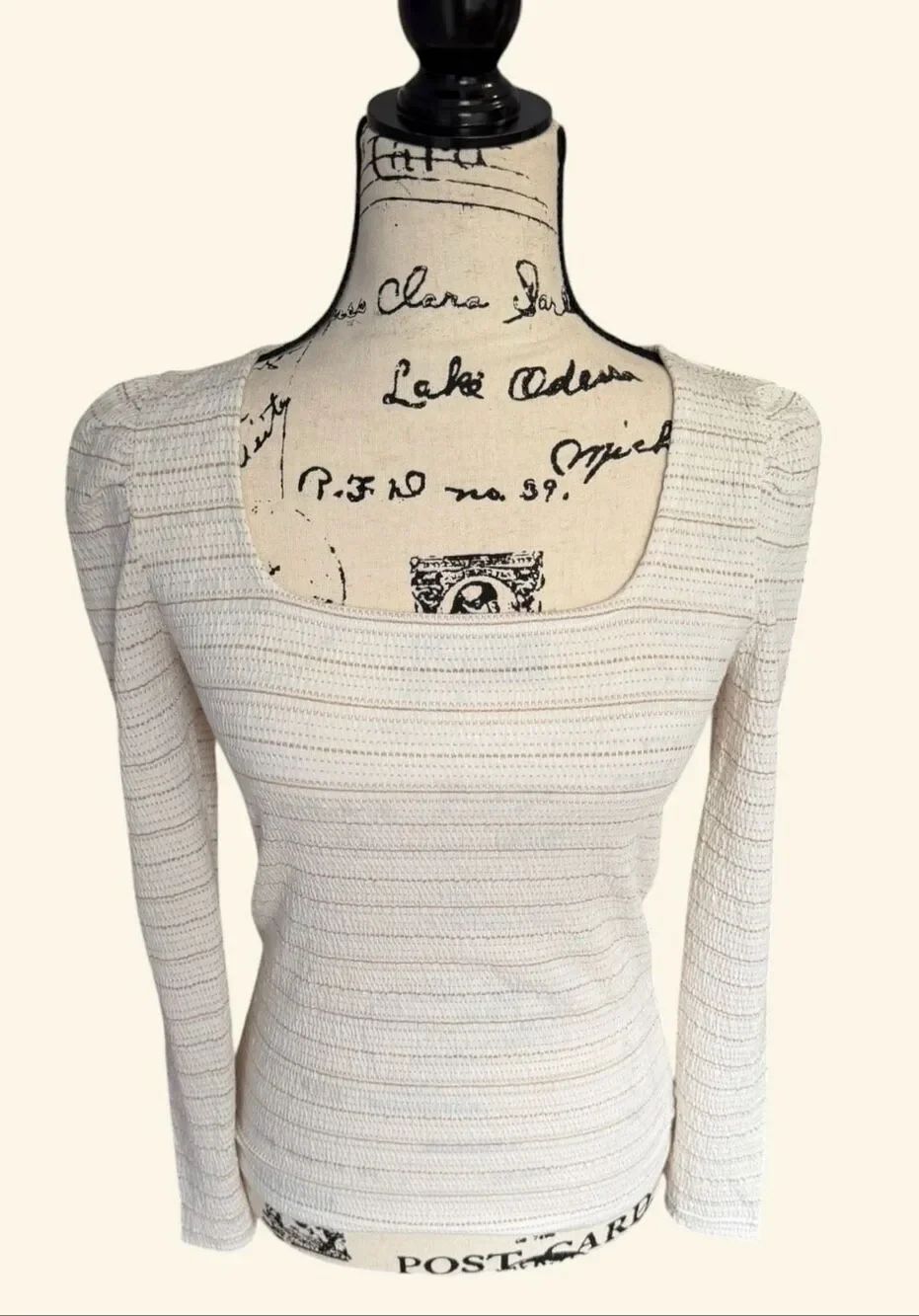 NWT LOFT Sparkle Puff Sleeve Square Neck Top Cream Gold Metallic Striped XS